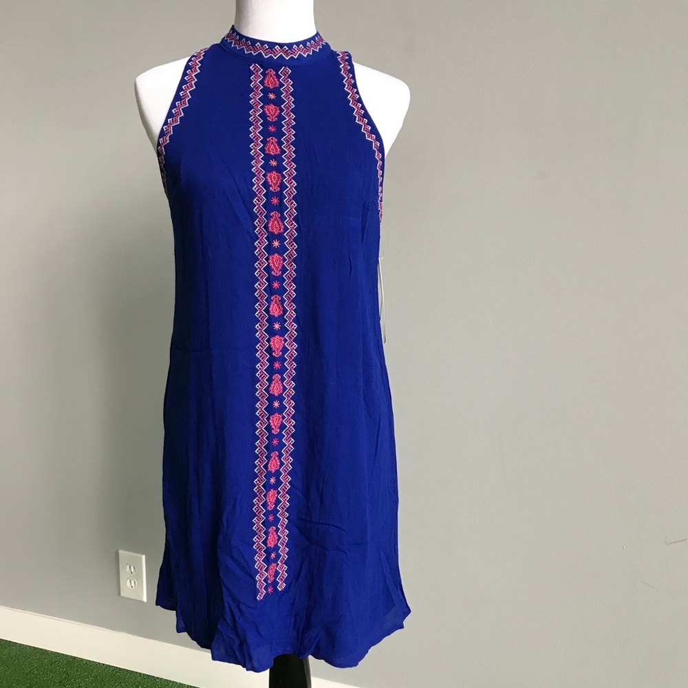 Blue and Coral High Neck Sheath Dress